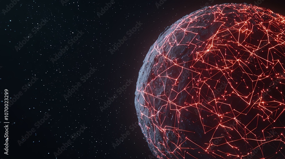 Poster the image shows a dark, round object with a network of glowing red lines and dots, against a backgro