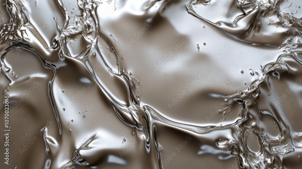 Poster a close-up of fluid metallic textures showcasing intricate patterns and reflections in shades of sil