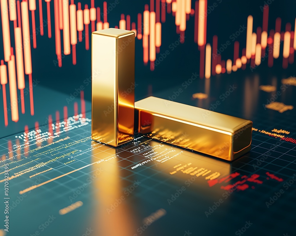 Poster two gold bars are on a graph with red lines
