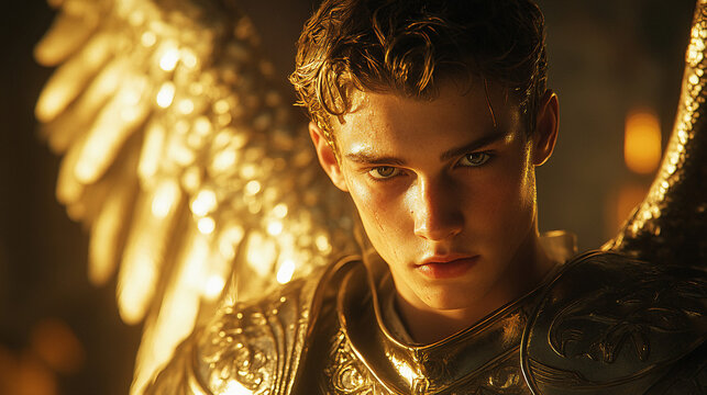 빛나는 황금 날개와 갑옷을 지닌 젊은 남성 천사, AI 생성

