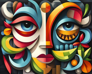 vibrant and colorful abstract artwork featuring stylized faces and intricate patterns, evoking sense of creativity and emotion