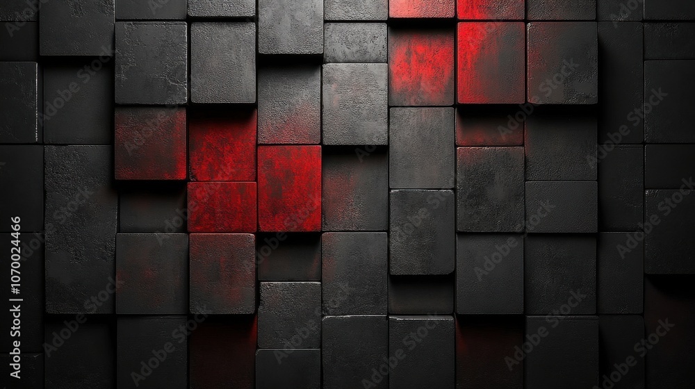 Poster an artistic arrangement of black and red textured blocks, creating a bold and modern abstract backgr