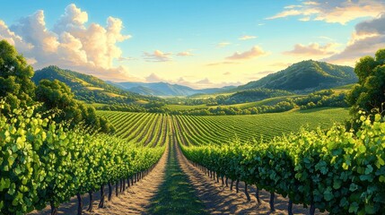 Fototapeta premium Serene Vineyard Landscape with Rows of Vibrant Grapes