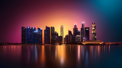 Fototapeta premium The image shows a silhouette of a city skyline at night, with tall buildings illuminated by lights and a colorful sunset in the background. The city is reflected in the still water below.