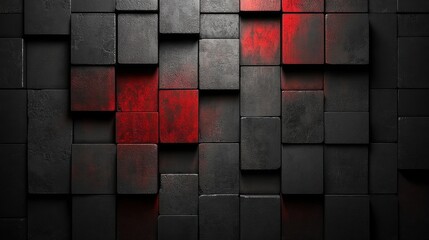 An artistic arrangement of black and red textured blocks, creating a bold and modern abstract background.