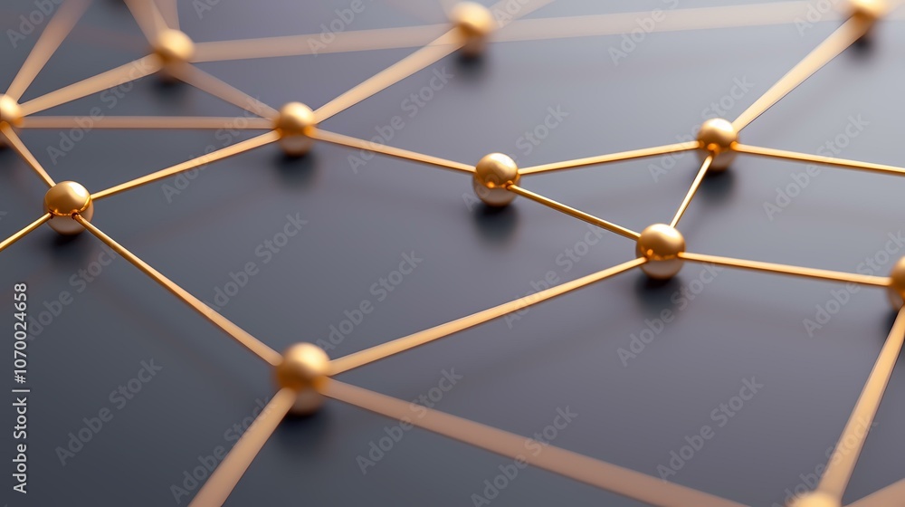 Poster the image contains a network of golden spheres connected by thin golden rods. the objects are arrang