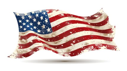 Fototapeta premium Tattered American flag waving against a white isolate background