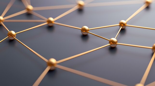 The image contains a network of golden spheres connected by thin golden rods.  The objects are arranged in a grid-like pattern over a grey background.  This abstract image could represent a network o