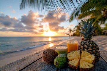 Enjoy tropical refreshments on a beautiful beach at sunset with fresh fruits and exotic juices