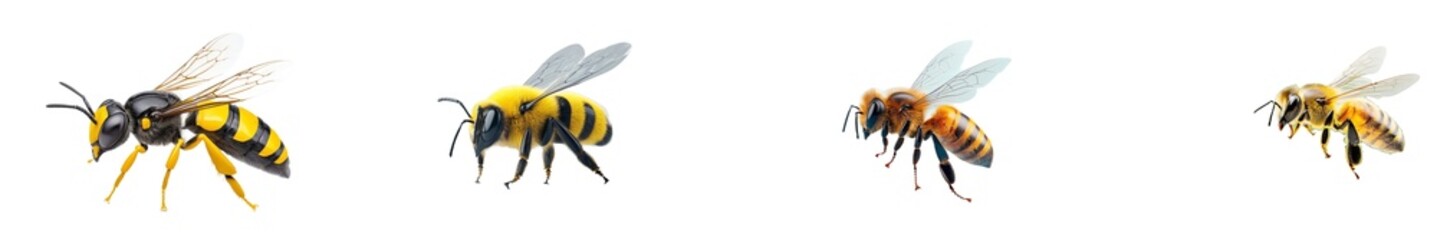 Obraz premium A stunningly beautiful bee is flying on a transparent background in macro, an incredible pollinator, generating stock