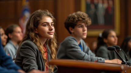 Obraz premium Young individuals engaged in a serious discussion in a courtroom setting.