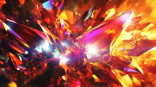 A vibrant explosion of colorful crystals reflecting light, showcasing an iridescent and mesmerizing array of hues.