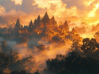 Ancient Golden Temple in Misty Sunset