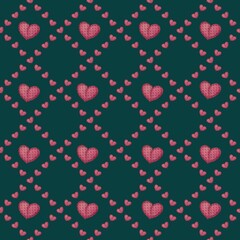 Big Diamond Tile Hearts with Dark Peacock Background Seamless Pattern Design