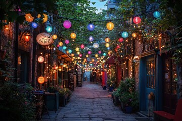 Naklejka premium A narrow cobblestone street lined with buildings and illuminated by colorful lanterns