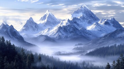 Fototapeta premium Breathtaking panoramic view of majestic snow-capped mountains surrounded by a misty forest during twilight.