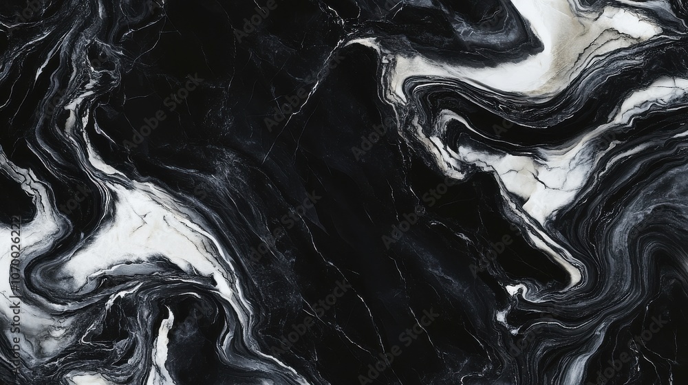 Poster elegant black and white marble pattern with fluid swirls and highlights, creating a sophisticated ba