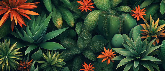 Fototapeta premium Lush Tropical Foliage with Orange Flowers.