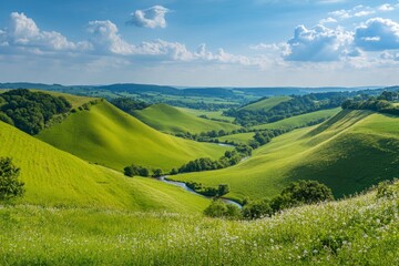 Fototapeta premium Breathtaking green hills landscape under a bright sky. This image captures the essence of nature at its finest. Perfect for relaxation and inspiration. Generative AI