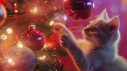 A mischievous cat batting at Christmas tree ornaments, with colorful lights reflecting off shiny decorations, creating a joyful holiday atmosphere. 8k UHD, suitable for high-quality printing 