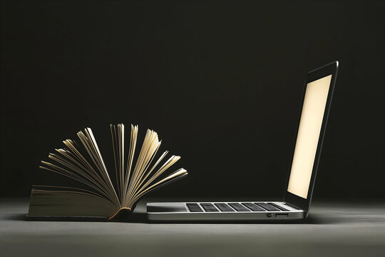 A laptop and an open book side by side, symbolizing the convergence of traditional and digital learning.