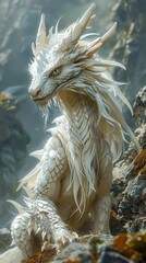 Obraz premium Majestic White Dragon in a Fantasy Landscape: Digital Art