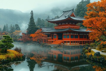 Obraz premium Traditional Japanese Temple Reflected in Still Water