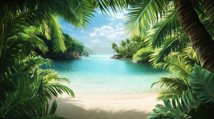Fototapeta premium A serene tropical beach framed by lush palm trees under a vibrant sky.