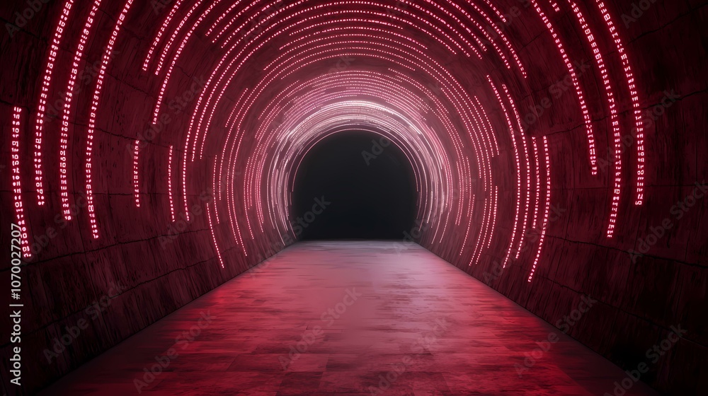 Poster a red neon tunnel with dark red brick walls and a dark opening at the end. the tunnel is lined with 