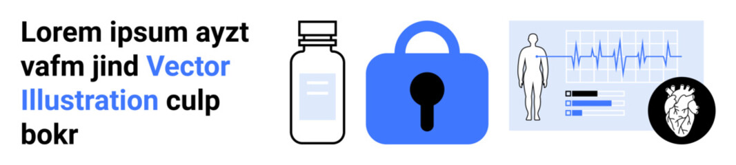 Medication bottle, blue padlock, ECG monitor with human figure, and lorem ipsum text in an abstract layout. Ideal for medical security, healthcare technology, data protection, pharmaceutical