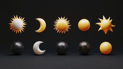 Naklejka premium 3D sun and moon icons, representing celestial themes and time-related concepts. 