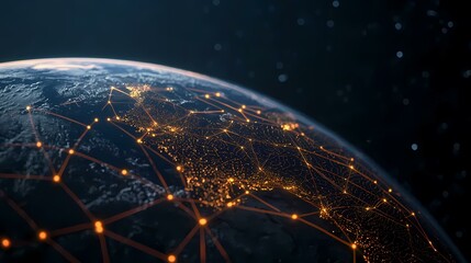 Obraz premium A glowing network of lines and dots against a dark blue background, depicting the interconnectedness of the globe.