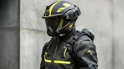Obraz premium Abstract Marketing Background Featuring a Firefighter in Futuristic Protective Gear and Helmet. The Design Showcases Reflective Materials and Built-in LED Lights to Enhance Visual Effects, Creating a 