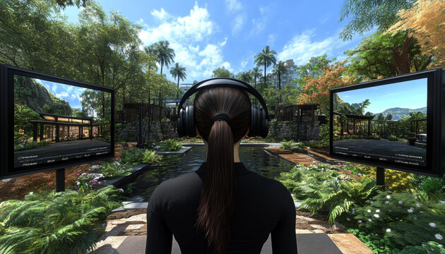 person wearing headphones in lush garden with dual screens displaying virtual content, creating serene and immersive experience