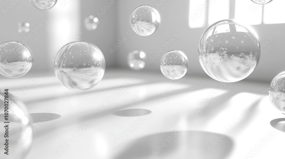 Poster floating translucent bubbles in a bright, minimalistic room with soft shadows and sunlight streaming
