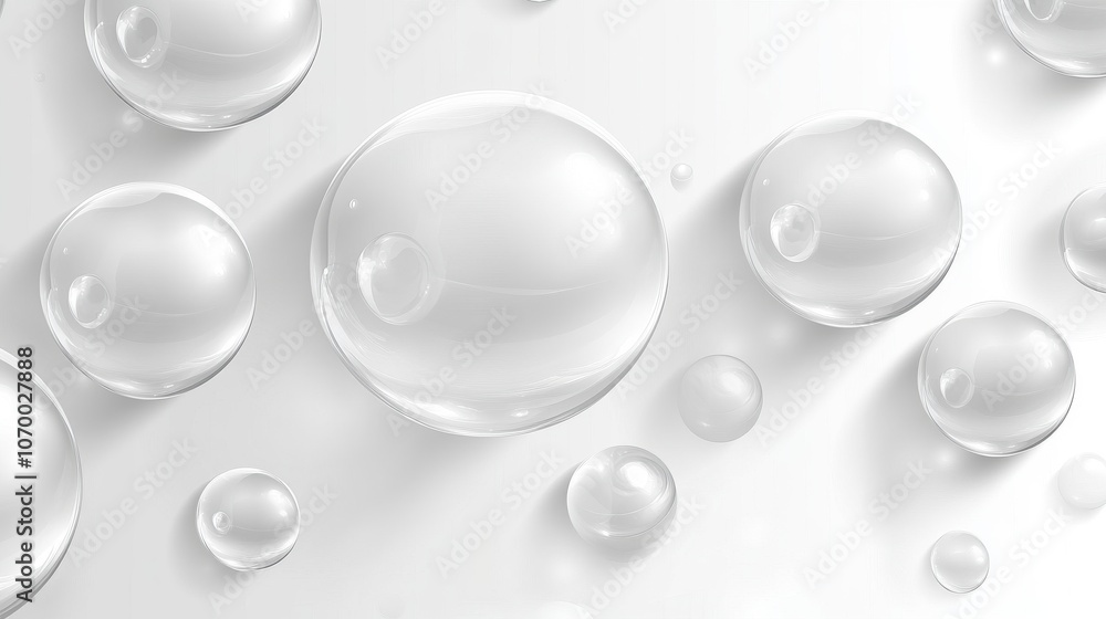 Poster close-up of translucent water bubbles on a smooth white surface, creating a serene and clean aesthet