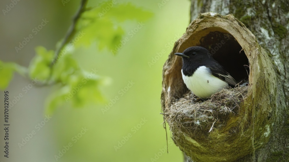 Poster a bird sits in a nest carved into a tree, surrounded by lush greenery.