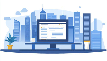 Obraz premium modern workspace featuring computer monitor displaying website mockup, surrounded by city skyline. scene conveys professional and creative atmosphere