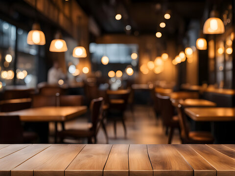 Empty wooden table top on blur light golden bokeh of cafe restaurant, bar in a dark background.