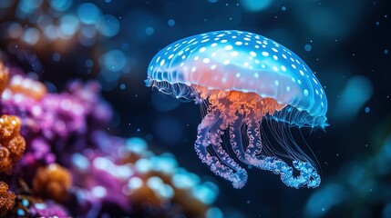 Jellyfish floating in underwater aquarium, marine animal in exotic aquatic environment, tropical wildlife wallpaper design, translucent sea creature in nature 4k Image