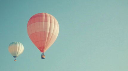 Obraz premium Whimsical hot air balloons floating in clear blue sky, creating serene and dreamy atmosphere