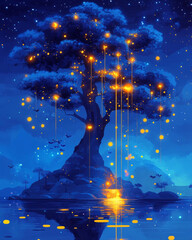 whimsical illustration of glowing tree at night, surrounded by stars and reflections in water, creating magical atmosphere