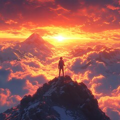 Fototapeta premium A sunrise mountain hike scene where a person stands on a rocky peak, with clouds rolling below and the first light illuminating the mountains