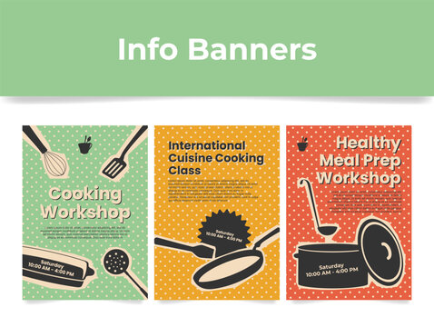 Banners inviting to join exciting weekend cooking master classes on international cuisine and healthy food