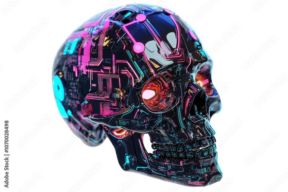 Aufkleber futuristic neon cyber skull with intricate circuit patterns and glowing elements, symbolizing techno