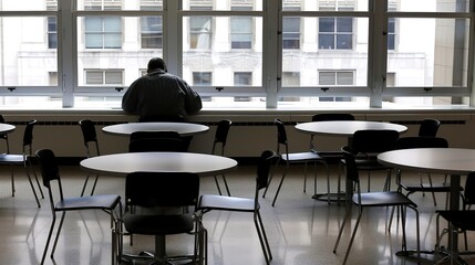 Solitary figure in modern empty cafe, staring out window with distant look, symbolizing social loneliness and introspection in urban life.