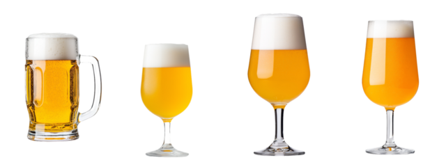 Floating tulip glass of golden-colored beer with foam cap isolated on white.