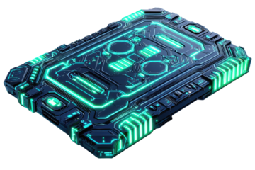 Futuristic digital circuit board with glowing neon lights, representing advanced technology and innovation in electronics.