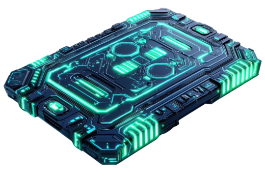 Futuristic digital circuit board with glowing neon lights, representing advanced technology and innovation in electronics.