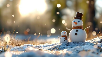 Obraz premium A cozy winter scene featuring a snowman and a smaller snow character, surrounded by softly falling snowflakes and a glowing sunset background.